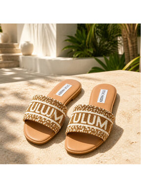 Steve Madden Knox Tulum Beaded Slide Flat Sandals Tan size 5.5m